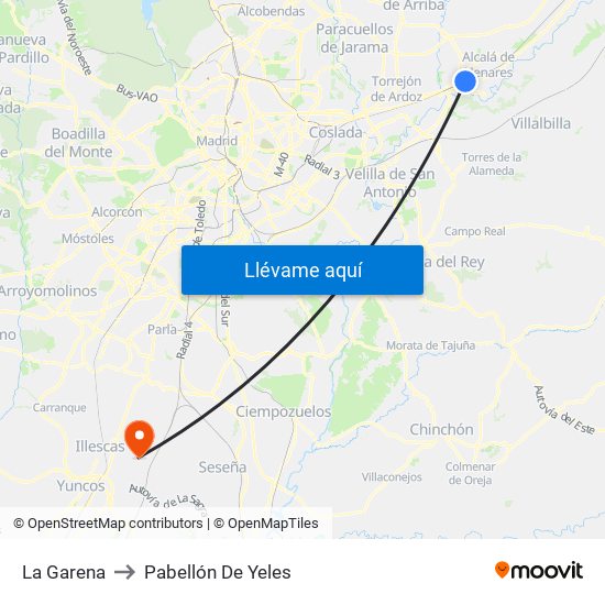 La Garena to Pabellón De Yeles map
