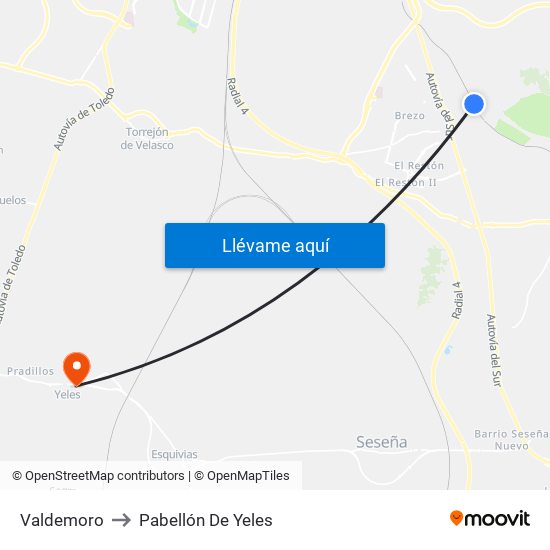 Valdemoro to Pabellón De Yeles map