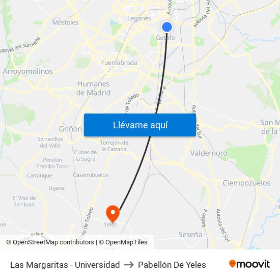 Las Margaritas - Universidad to Pabellón De Yeles map