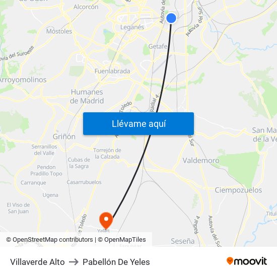 Villaverde Alto to Pabellón De Yeles map