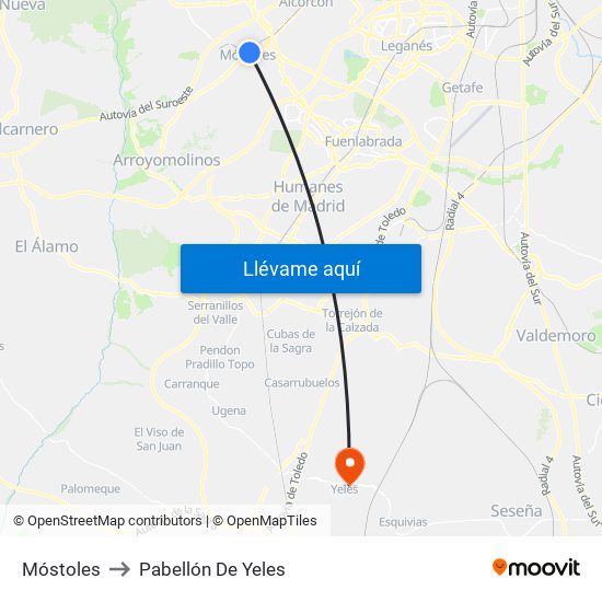 Móstoles to Pabellón De Yeles map