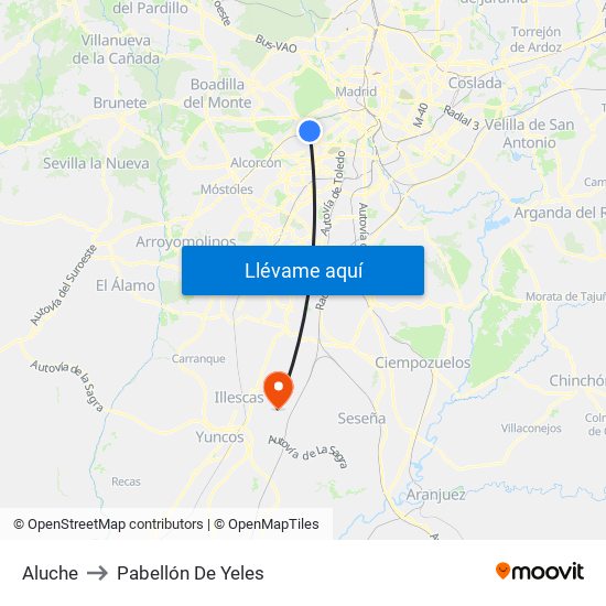 Aluche to Pabellón De Yeles map