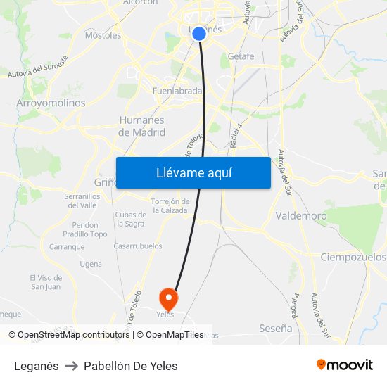 Leganés to Pabellón De Yeles map