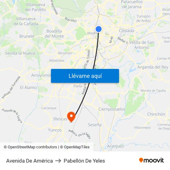 Avenida De América to Pabellón De Yeles map