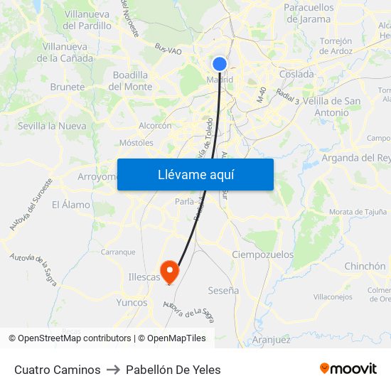 Cuatro Caminos to Pabellón De Yeles map