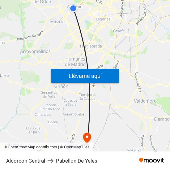 Alcorcón Central to Pabellón De Yeles map
