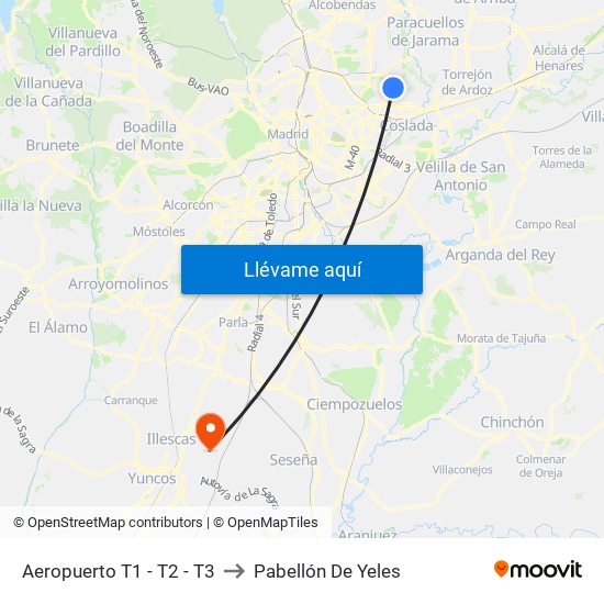 Aeropuerto T1 - T2 - T3 to Pabellón De Yeles map