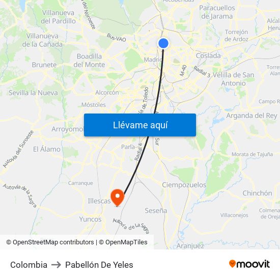 Colombia to Pabellón De Yeles map