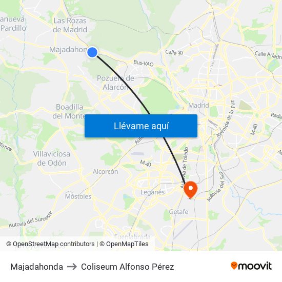 Majadahonda to Coliseum Alfonso Pérez map