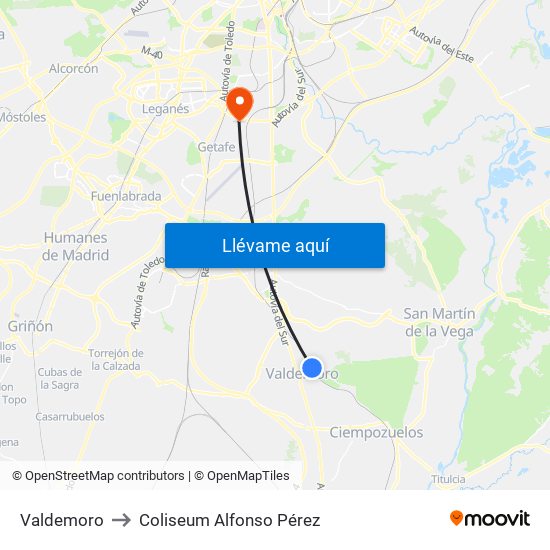Valdemoro to Coliseum Alfonso Pérez map