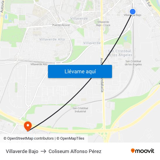 Villaverde Bajo to Coliseum Alfonso Pérez map