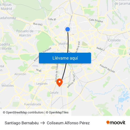 Santiago Bernabéu to Coliseum Alfonso Pérez map