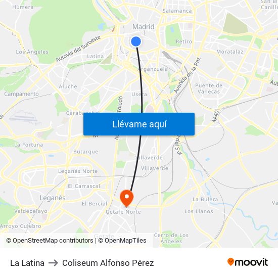 La Latina to Coliseum Alfonso Pérez map