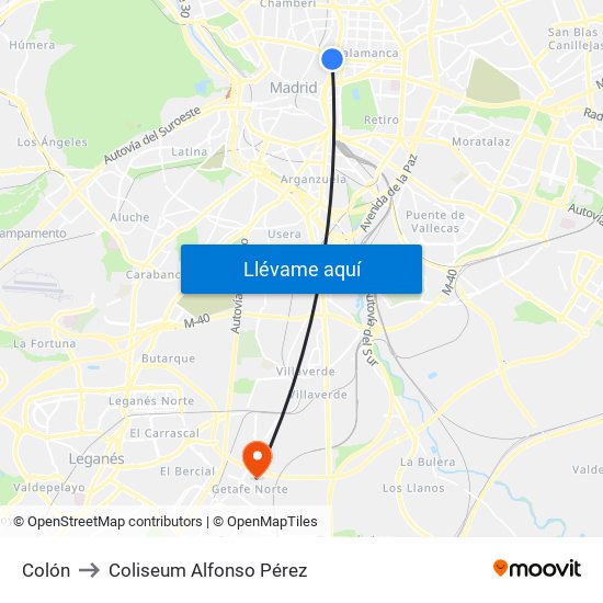 Colón to Coliseum Alfonso Pérez map