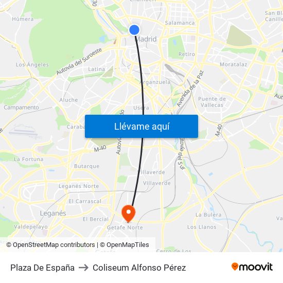 Plaza De España to Coliseum Alfonso Pérez map