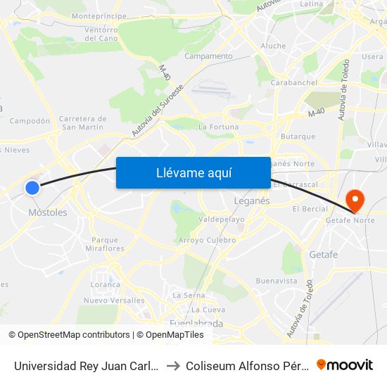 Universidad Rey Juan Carlos to Coliseum Alfonso Pérez map