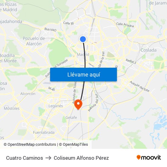 Cuatro Caminos to Coliseum Alfonso Pérez map