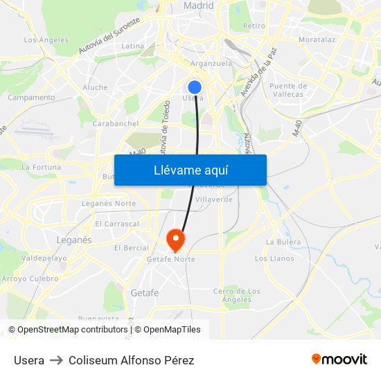 Usera to Coliseum Alfonso Pérez map