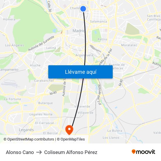 Alonso Cano to Coliseum Alfonso Pérez map