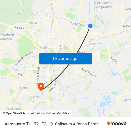 Aeropuerto T1 - T2 - T3 to Coliseum Alfonso Pérez map