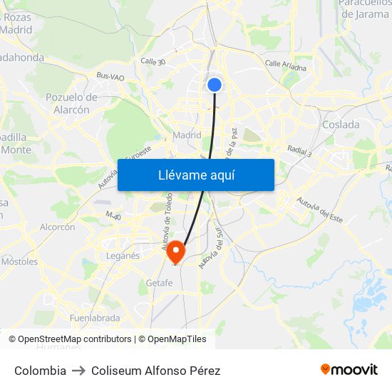 Colombia to Coliseum Alfonso Pérez map