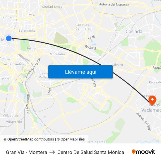 Gran Vía - Montera to Centro De Salud Santa Mónica map