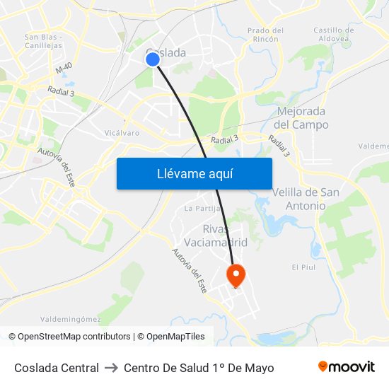 Coslada Central to Centro De Salud 1º De Mayo map