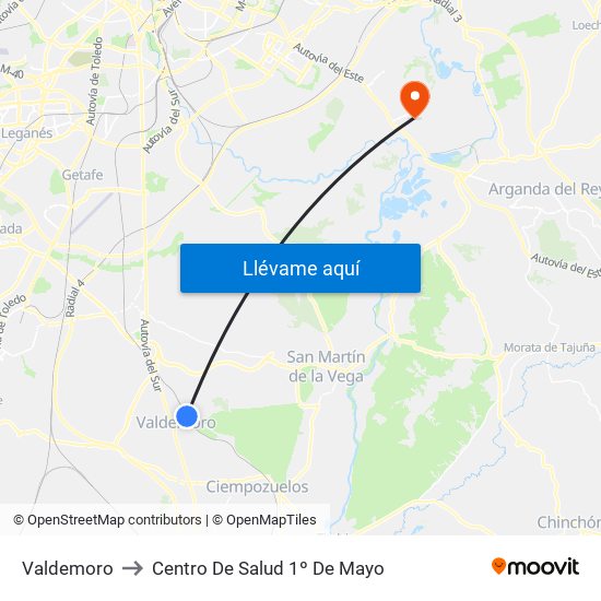 Valdemoro to Centro De Salud 1º De Mayo map