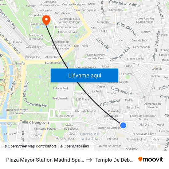 Plaza Mayor Station Madrid Spain to Templo De Debod map