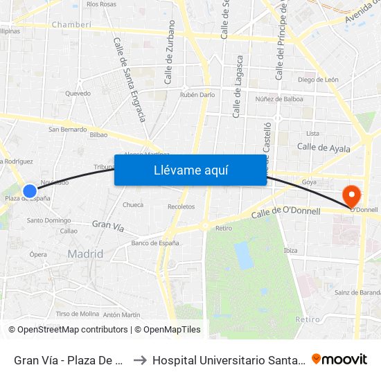Gran Vía - Plaza De España to Hospital Universitario Santa Cristina map