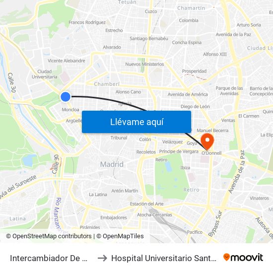 Intercambiador De Moncloa to Hospital Universitario Santa Cristina map