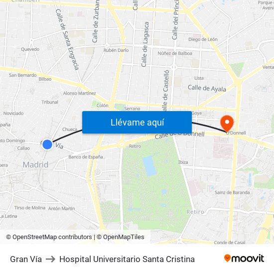 Gran Vía to Hospital Universitario Santa Cristina map