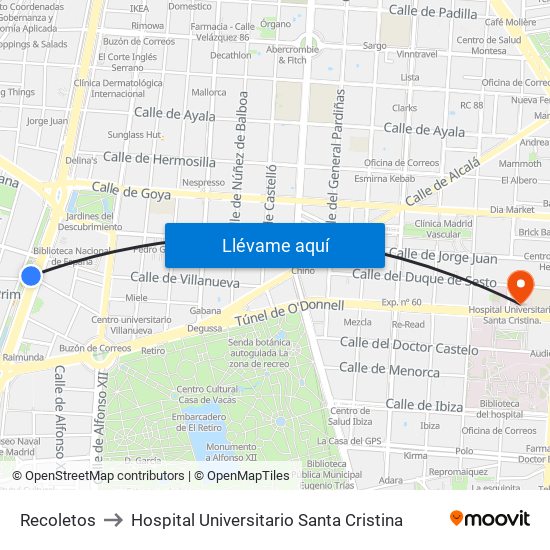 Recoletos to Hospital Universitario Santa Cristina map