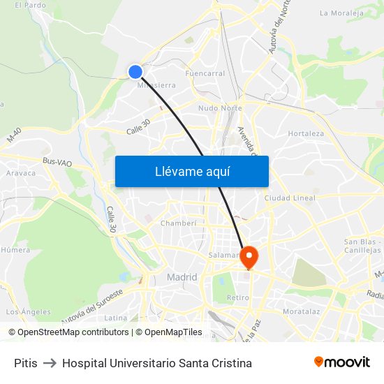 Pitis to Hospital Universitario Santa Cristina map