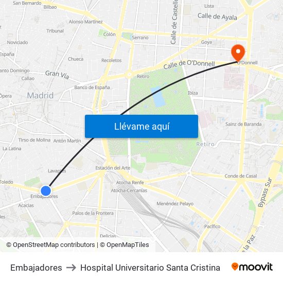 Embajadores to Hospital Universitario Santa Cristina map