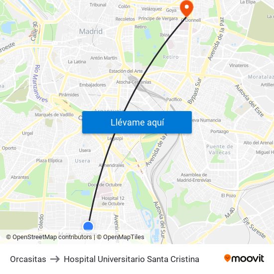 Orcasitas to Hospital Universitario Santa Cristina map