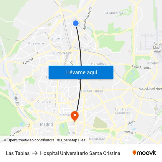 Las Tablas to Hospital Universitario Santa Cristina map
