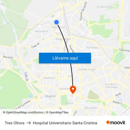 Tres Olivos to Hospital Universitario Santa Cristina map