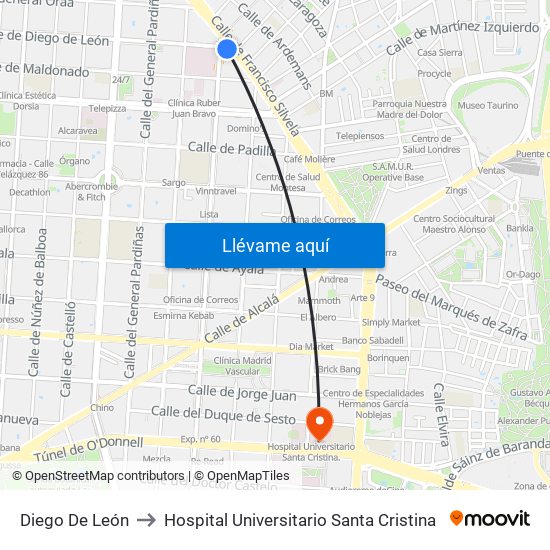 Diego De León to Hospital Universitario Santa Cristina map