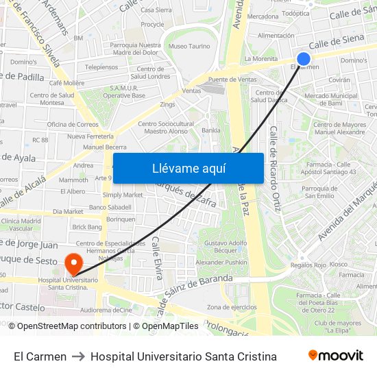 El Carmen to Hospital Universitario Santa Cristina map
