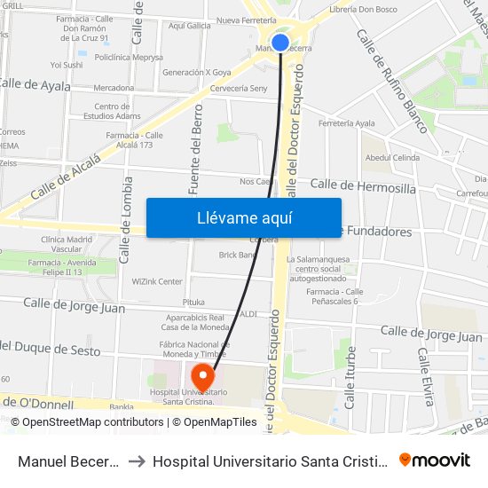 Manuel Becerra to Hospital Universitario Santa Cristina map