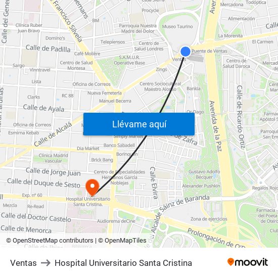 Ventas to Hospital Universitario Santa Cristina map