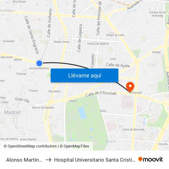 Alonso Martínez to Hospital Universitario Santa Cristina map