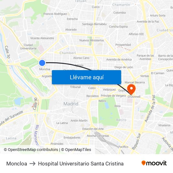 Moncloa to Hospital Universitario Santa Cristina map