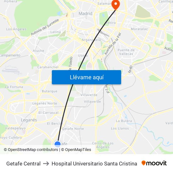 Getafe Central to Hospital Universitario Santa Cristina map