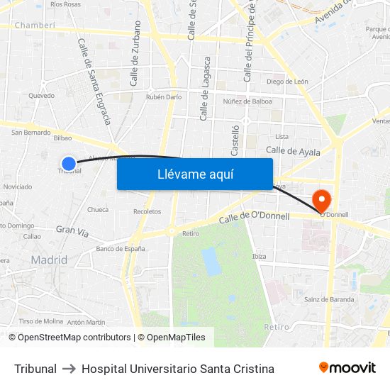 Tribunal to Hospital Universitario Santa Cristina map