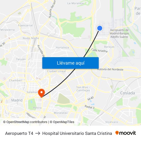 Aeropuerto T4 to Hospital Universitario Santa Cristina map