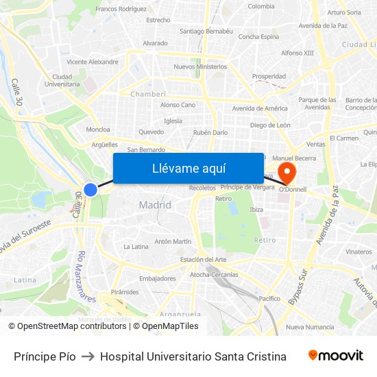 Príncipe Pío to Hospital Universitario Santa Cristina map