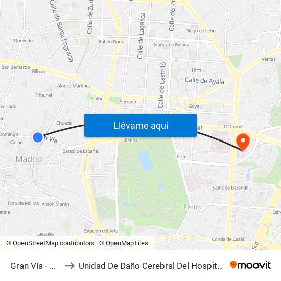 Gran Vía - Montera to Unidad De Daño Cerebral Del Hospital Beata María Ana map
