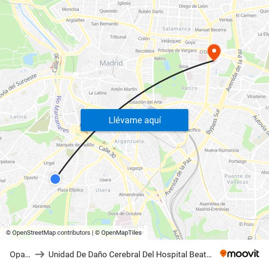 Opañel to Unidad De Daño Cerebral Del Hospital Beata María Ana map